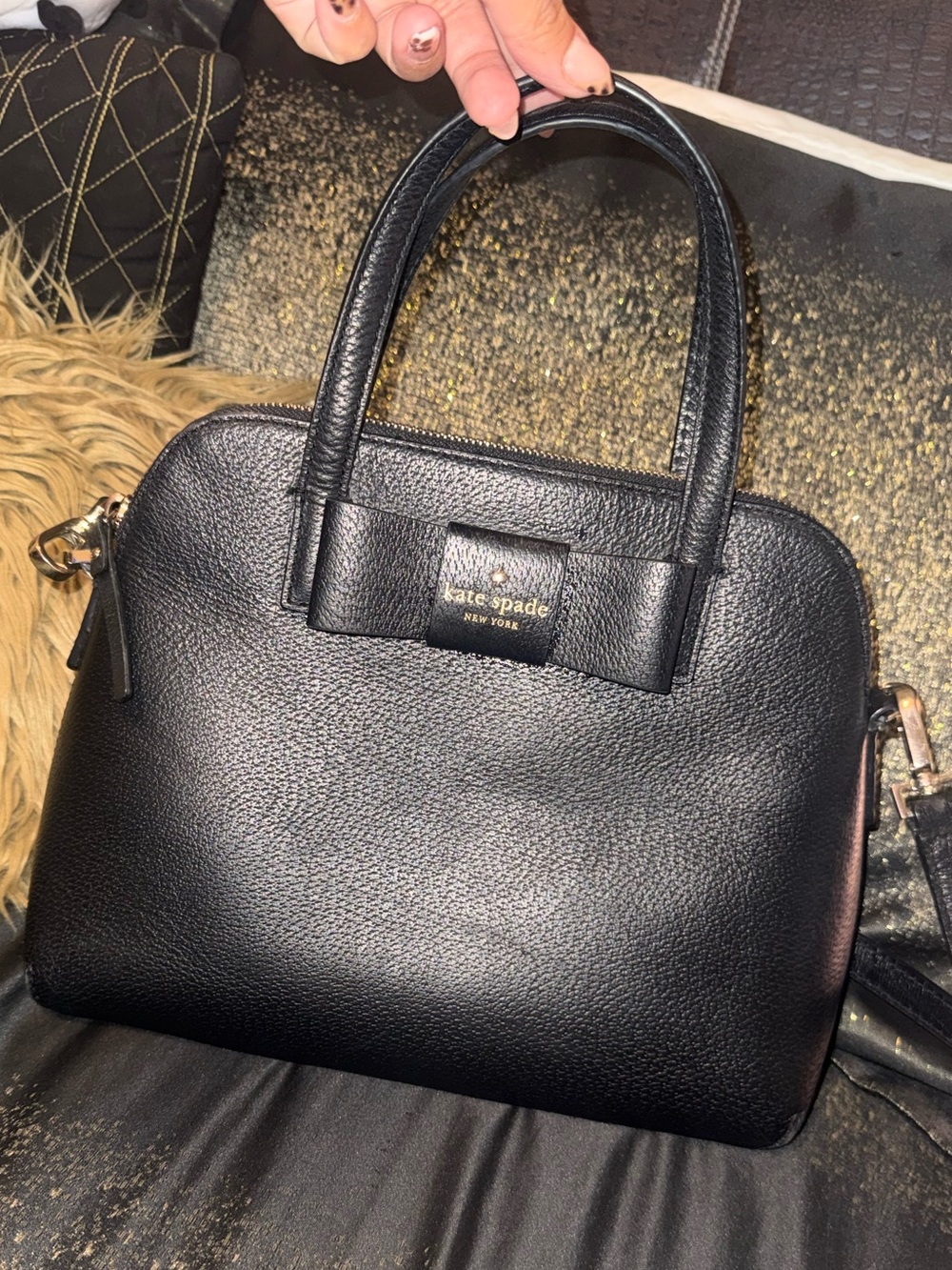 kate spade Black Pebbled Leather Satchel with Bow Accent